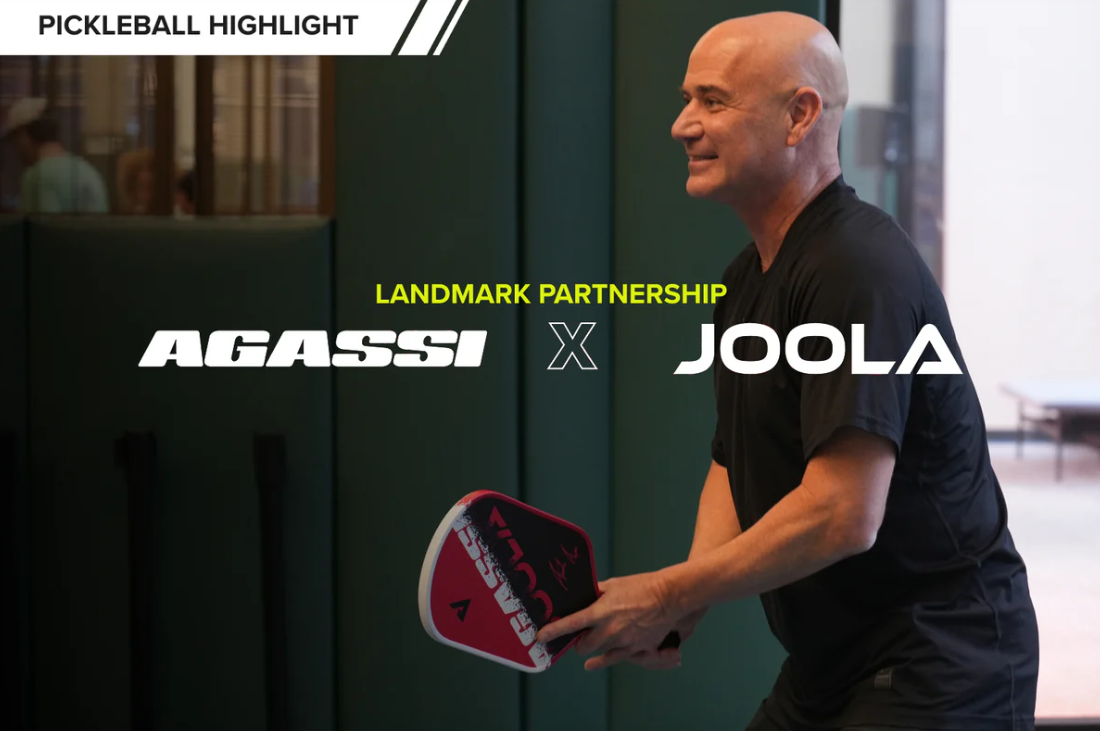 Andre Agassi playing with his new Joola endorsed pickleball paddle.